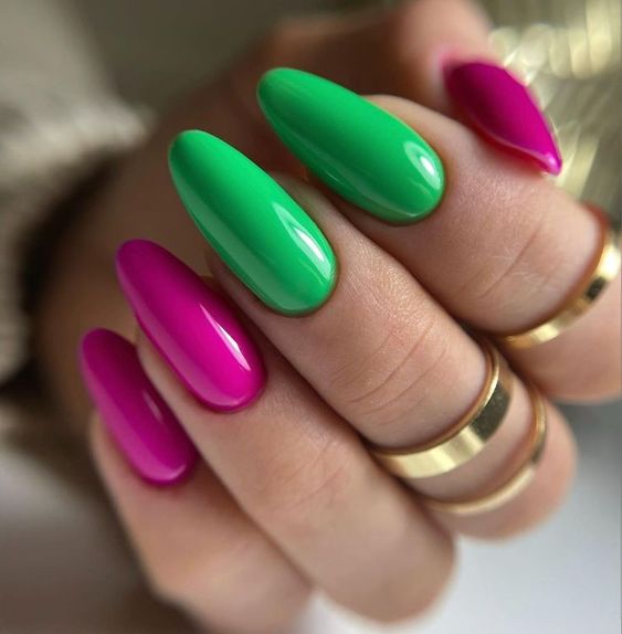 Vibrant Green and Pink Nails